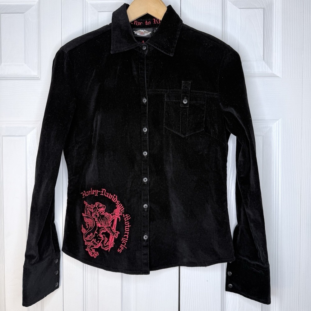 NWOT‎ Harley Davidson Black Velvet Shirt Small Red Dragon Embroidered Biker Y2K
